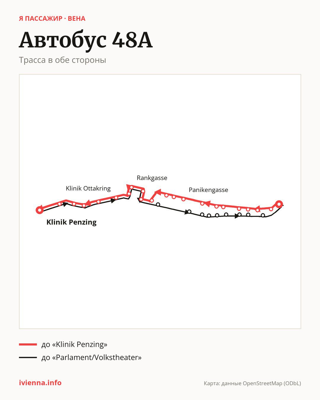 Автобус 48A в Вене на карте: трасса в обе стороны