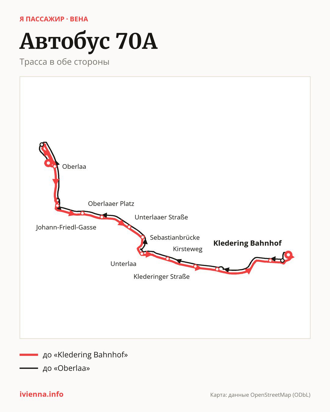 Автобус 70A в Вене на карте: трасса в обе стороны