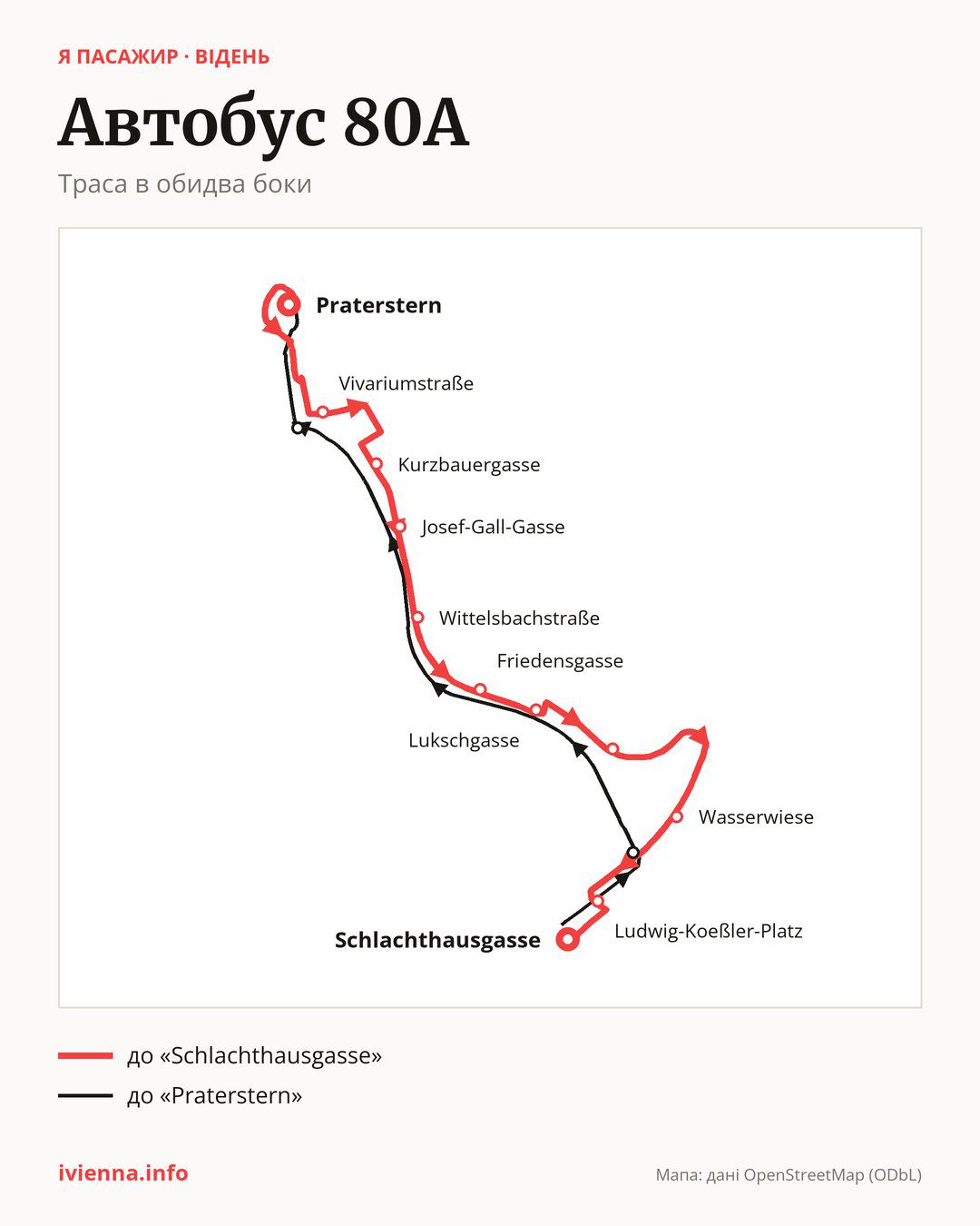 Автобус 80A у Відні на мапі: траса в обидва боки